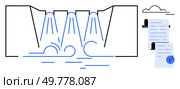 Water dam flow with legal document symbolizes energy agreements and environmental contracts. Ideal for technology, renewable energy, environmental conservation, water management, legal agreements. Water Dam Structure with Flowing Water and Legal Document on Side Highlighting Contractual Theme. Стоковая иллюстрация, агентство Ingram Publishing / Фотобанк Лори