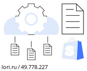 Central cogwheel on a cloud with multiple document icons connected. Paper icon and shopping bag icon to the side. Ideal for cloud computing, document management, online shopping, data. Cloud Computing Gear with Document Management and Shopping Bag Icon. Стоковая иллюстрация, агентство Ingram Publishing / Фотобанк Лори