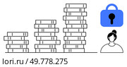 Stacked coin piles showing progression in height next to a padlock and a female figure. Ideal for financial growth security savings education investment and personal finance themes. Simple line style. Stacked Coins Growth and Security Theme with Female Figure for Financial Education. Стоковая иллюстрация, агентство Ingram Publishing / Фотобанк Лори