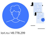 Circle with a basic human avatar on the left and two documents with a checkmark on the right. Ideal for identification, verification, approval processes, personal account creation, administrative. Profile Icon with Document and Checkmark Reflecting Verification and Approval Process. Стоковая иллюстрация, агентство Ingram Publishing / Фотобанк Лори