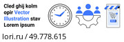 Clock and team gears next to an online shopping icon with lorem ipsum text. Ideal for business, productivity, teamwork, e-commerce, and digital marketing. Banner for landing page. Time Management and Team Collaboration in Online Shopping Concept. Стоковая иллюстрация, агентство Ingram Publishing / Фотобанк Лори