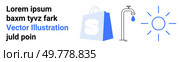 Shopping bag, water faucet with droplet, and sun icon Ideal for e-commerce water conservation plumbing services environmental sections and sustainability awareness. Landing page. Shopping, Plumbing, Water Conservation, and Sustainability Illustration for Informative Websites. Стоковая иллюстрация, агентство Ingram Publishing / Фотобанк Лори
