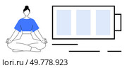 Woman in a seated yoga pose meditates beside a large battery icon with minimalist elements. Ideal for wellness, mindfulness, self-care, energy management, relaxation, health retreats, and digital. Woman Meditating Next to Battery Symbolizing Recharge and Relaxation. Стоковая иллюстрация, агентство Ingram Publishing / Фотобанк Лори