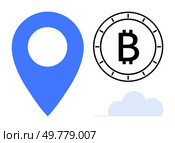 Geolocation marker, Bitcoin symbol inside a coin outline, and a small cloud in blue and black. Ideal for fintech, blockchain, cryptocurrency, digital navigation, cloud computing, tech presentations. Geolocation Marker, Bitcoin Symbol, and Cloud Element for Digital and Financial Themes. Стоковая иллюстрация, агентство Ingram Publishing / Фотобанк Лори