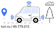 Autonomous car using wireless signals for navigation, GPS pinpoint, tree, and shoe. Ideal for smart transportation, technology, sustainability, GPS navigation, green commuting, future of travel. Autonomous Self-Driving Car with Navigation Icon and Nature Elements for Smart Transportation. Стоковая иллюстрация, агентство Ingram Publishing / Фотобанк Лори