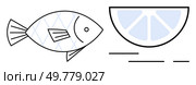 Minimalist vector fish and lemon slice emphasizing simplicity and health benefits. Ideal for culinary themes, seafood restaurants, nutrition guides, recipe blogs, diet apps, educational materials. Simplified fish graphic alongside a lemon slice, representing fresh cuisine and healthy eating. Стоковая иллюстрация, агентство Ingram Publishing / Фотобанк Лори