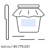 Jar of jam with a spreader in minimalist outline style. Ideal for food blogs, recipe sites, homemade products, organic food markets, culinary apps, kitchenware advertising, health-conscious cooking. Jar of Jam with Spreader Minimalist Outline Design for Homemade Preserves and Food Blogs. Стоковая иллюстрация, агентство Ingram Publishing / Фотобанк Лори