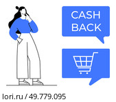 Woman with hand on chin standing next to speech bubbles featuring CASH BACK text and a shopping cart icon. Ideal for e-commerce, promotions, online shopping, sales strategies, marketing campaigns. Woman Considering Shopping with Cashback Incentive and Shopping Cart Icon in Speech Bubbles. Стоковая иллюстрация, агентство Ingram Publishing / Фотобанк Лори