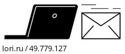 Minimalist black and white laptop silhouette with a flying email icon to illustrate digital communication, online messaging, and remote work. Ideal for business, technology, online communication. Digital Communication Concept with Laptop and Email Icon in Minimalist Black and White Design. Стоковая иллюстрация, агентство Ingram Publishing / Фотобанк Лори