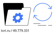 Folder with blue gear icon next to circular refresh symbol. Ideal for data synchronization, file management, software updates, efficiency, cloud storage, system maintenance, technology services. Data Management and Synchronization with Folder and Refresh Symbol in Blue and Black. Стоковая иллюстрация, агентство Ingram Publishing / Фотобанк Лори