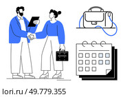 Two professionals shaking hands, one holding a clipboard, near bag and calendar icons. Ideal for partnerships, meetings, business agreements, schedules, corporate communication, planning, teamwork. Professionals Shaking Hands Near Document, Bag, and Calendar Icons Highlighting Business Themes. Стоковая иллюстрация, агентство Ingram Publishing / Фотобанк Лори