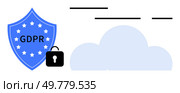 Blue shield with stars and GDPR text, black lock, and cloud symbolizing data security and privacy. Ideal for cybersecurity, data protection, legal compliance, IT services, online privacy, cloud. GDPR Compliance with Cloud Security and Data Protection Shield. Стоковая иллюстрация, агентство Ingram Publishing / Фотобанк Лори