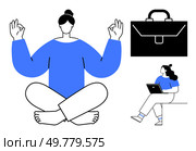Business woman meditating in seated position, another working on laptop with briefcase nearby. Ideal for work-life balance, mindfulness, remote work, corporate wellness, productivity, stress. Business woman meditating, working on laptop, and briefcase symbolizing work-life balance and productivity. Стоковая иллюстрация, агентство Ingram Publishing / Фотобанк Лори