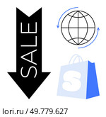 Large black arrow pointing down with SALE text, shopping bag with an S, and globe with rotating arrows. Ideal for global commerce, online shopping, discounts, retail promotions, and international. Large Black Arrow with Word SALE Pointing Down, Shopping Bag, and Globe with Rotating Arrows. Стоковая иллюстрация, агентство Ingram Publishing / Фотобанк Лори