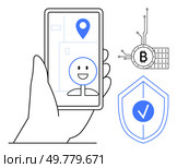 A hand holding a smartphone displaying a smiling face and location pin symbols. Adjacent elements include a shield with a checkmark and a Bitcoin connected to circuits. Ideal for digital navigation. Navigating Technology Safely GPS, Cryptocurrency, and Security in Modern Mobile Use. Стоковая иллюстрация, агентство Ingram Publishing / Фотобанк Лори