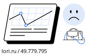 Graph screen with downward trendline, two data points, grid lines, sad face, and briefcase. Ideal for business analysis, financial reporting, market decline, performance review, economic downturn. Business Analytics Showing Decrease in Performance with Sad Face and Briefcase Symbols. Стоковая иллюстрация, агентство Ingram Publishing / Фотобанк Лори