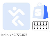 Running figure in a blue square, a blue shopping bag with white S, and a black and white battery icon. Ideal for fitness, shopping, electronics, transportation, and energy themes. Simple, clean. Running Figure with Grocery Bag and Battery, Simplistic and Functional Design. Стоковая иллюстрация, агентство Ingram Publishing / Фотобанк Лори