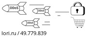 Three missiles labeled DDoS heading towards a lock and shopping cart. Ideal for explaining online security threats, DDoS attacks, cybersecurity, e-commerce vulnerabilities, and data protection. DDoS Attack on Online Shopping Security Represented by Missiles and Locked Cart. Стоковая иллюстрация, агентство Ingram Publishing / Фотобанк Лори