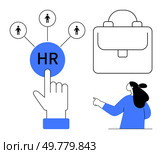 Hand pointing to HR icon connected to people, briefcase, and person pointing. Ideal for HR, recruitment, business, teamwork, and leadership. Simple vector style with blue, white, and black. Human Resource Management Concept with Symbols of Team and Business Elements. Стоковая иллюстрация, агентство Ingram Publishing / Фотобанк Лори