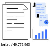 Simple papers, signed receipt, bar chart in minimalistic style. Ideal for finance, business, accounting, data analysis, compliance. White and blue colors dominate, symbolizing clarity. Simplified Representation of Financial Documents and Data Analysis with Minimalist Style. Стоковая иллюстрация, агентство Ingram Publishing / Фотобанк Лори