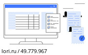 Computer monitor displaying a table and checklist alongside printed receipts. Ideal for task management, digital organization, financial tracking, productivity tools, office work, project planning. Digital Task Management and Organization with Checklists and Receipts on Monitor Screen. Стоковая иллюстрация, агентство Ingram Publishing / Фотобанк Лори