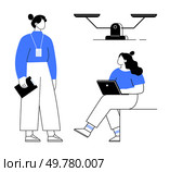 Two professionals engage in a discussion about a balance scale. One holds a clipboard, standing, while the other sits with a laptop. Ideal for teamwork, business planning, analysis, equality. Two professionals discussing a balance scale, one standing with a clipboard, the other sitting with a laptop. Стоковая иллюстрация, агентство Ingram Publishing / Фотобанк Лори