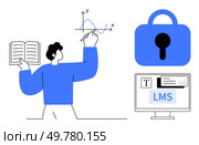 A person holding a book and writing on a graph. A lock symbol for security and a computer screen showing LMS. Ideal for education, e-learning, data security, learning management, content creation. Secured Online Learning System with Graphing and Content Management. Стоковая иллюстрация, агентство Ingram Publishing / Фотобанк Лори