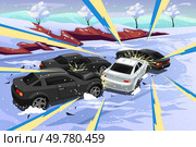 A vector illustration of Multiple Cars Accident on Icy Winter Road. Стоковая иллюстрация, агентство Ingram Publishing / Фотобанк Лори