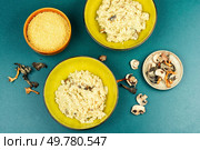 Traditional Ukrainian millet porridge with roasted mushrooms in a ceramic dish. Flat lay.. Pearl millet with fried mushrooms. Стоковое фото, агентство Ingram Publishing / Фотобанк Лори
