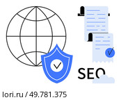 A globe, a shield with a checkmark, and documents with checkmarks. Ideal for global reach, security, search engine optimization, verified content, internet marketing. Simple flat style. Global SEO Optimization with Secure Content and Verified Documentation Theme. Стоковая иллюстрация, агентство Ingram Publishing / Фотобанк Лори