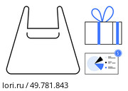 Reusable shopping bag, gift box with blue ribbon, and sales chart with pie and bar graphs, coin symbol. Ideal for sustainable shopping, gifting, retail, finance, data analysis promotions economics. Reusable shopping bag, gift box and sales chart. Sustainable shopping, gifts, and economic growth. Стоковая иллюстрация, агентство Ingram Publishing / Фотобанк Лори