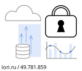 Cloud icon, database with uplink arrows, secure padlock, and an analytics graph with line chart. Ideal for data security, cloud storage, database management, cybersecurity, IT solutions analytics. Data Security with Cloud Storage, Analytics and Database Uplinks Highlighting Key Protection Measures. Стоковая иллюстрация, агентство Ingram Publishing / Фотобанк Лори