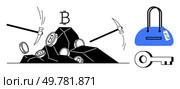 Bitcoin coins being mined with pickaxes from rocks, accompanied by a blue wallet and a security key. Ideal for finance, cryptocurrency mining, security, transactions, digital wallets, wealth. Bitcoin Mining with Pickaxes, Wallet, and Security Key Representing Cryptocurrency Transactions. Стоковая иллюстрация, агентство Ingram Publishing / Фотобанк Лори