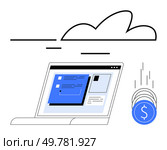Open laptop with financial management interface, blue and white design, coins falling from cloud. Ideal for finance, cloud computing, digital transactions, online banking, fintech solutions, budget. Cloud-Based Financial Management Laptop and Falling Coins under a Cloud Symbol. Стоковая иллюстрация, агентство Ingram Publishing / Фотобанк Лори