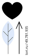 Black heart symbol above blue leaf with branches and simple arrow pointing up. Ideal for environment, love, growth, direction, nature, mindfulness, and guidance. Line metaphor. Heart, Leaf, and Arrow Symbols Representing Love, Nature, and Direction in Bold, Minimalistic Design. Стоковая иллюстрация, агентство Ingram Publishing / Фотобанк Лори
