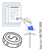 Hand signing contract with pen, dollar coin, and mining pickaxe. Ideal for finance, legal agreements, investment, cryptocurrency, business transactions wealth management strategic planning. Line. Hand signing contract, dollar coin, and mining pickaxe represent financial agreements and mining. Стоковая иллюстрация, агентство Ingram Publishing / Фотобанк Лори