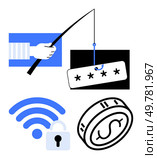 Hand holding fishing rod hooking password box, secure wireless signal with padlock, and a dollar coin represent cybersecurity threats and measures. Ideal for cyber safety, data protection, online. Hand with fishing rod hooking password, secure wireless signal, and dollar coin highlighting cybersecurity. Стоковая иллюстрация, агентство Ingram Publishing / Фотобанк Лори