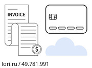 Payment card next to an invoice and receipt with dollar symbol. Cloud element below them. Ideal for online payment, e-commerce, billing, SaaS, accounting, finance budgeting. Line metaphor. Digital Payment and Invoicing Concept with Card, Invoice, and Cloud Element. Стоковая иллюстрация, агентство Ingram Publishing / Фотобанк Лори