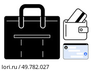 Business briefcase, wallet with credit card, and chat message window. Ideal for finance, business communication, transactions, professional settings, digital interactions, e-commerce online banking. Business briefcase with wallet and credit card alongside chat message window. Стоковая иллюстрация, агентство Ingram Publishing / Фотобанк Лори