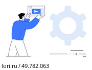 Individual holding a video playback window, positioned next to a large gear icon. Ideal for media editing, technology, video tutorials, online learning, software settings, user interfaces, digital. Person Holding Video Playback Window with Gear Icon Symbolizing Media Settings. Стоковая иллюстрация, агентство Ingram Publishing / Фотобанк Лори