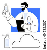 Medical professional holding medication and tablet, set against blue background. Additional medication bottle and cloud symbol included. Ideal for healthcare, telemedicine, pharmaceuticals, medical. Medical Professional Reviewing Medication and Data on Tablet with Medication Bottles and Cloud Symbol. Стоковая иллюстрация, агентство Ingram Publishing / Фотобанк Лори