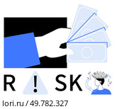 Hand holds three bills, RISK text with exclamation mark, stressed person with swirling thoughts. Ideal for finance, decision-making, stress, business, economic warnings, risk assessment investments. Hand holding money with RISK text, exclamation mark, and stressed person thinking about financial decisions. Стоковая иллюстрация, агентство Ingram Publishing / Фотобанк Лори