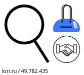 Magnifying glass, handshake, and blue handbag with price tag. Ideal for e-commerce, marketing, retail, customer service, partnership business agreements sales. Line metaphor. Magnifying Glass, Handshake, and Blue Handbag with Price Tag Representing Shopping Experience. Стоковая иллюстрация, агентство Ingram Publishing / Фотобанк Лори
