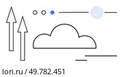 Minimalist design featuring a cloud outline, upward arrows, dots, and lines suggesting data movement. Ideal for technology, cloud storage, data transfer, internet connectivity, networking software. Cloud computing concept with arrows and cloud outline representing data flow and upload. Стоковая иллюстрация, агентство Ingram Publishing / Фотобанк Лори
