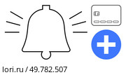 Ringing bell icon, credit card, and blue plus sign. Ideal for notifications, payments, adding, updates, financial reminders alerts and account creation. Line metaphor. Alert Bell Rings with Credit Card and Plus Sign, Illustrating Notifications and Add Features. Стоковая иллюстрация, агентство Ingram Publishing / Фотобанк Лори