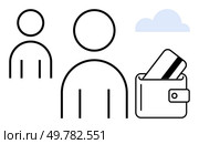 Human figures, wallet with credit card, and cloud icon. Ideal for finance, banking, digital payments, personal finance, online transactions business networks and cloud storage. Line metaphor. Two Abstract Figures, Wallet with Credit Card, and Cloud Symbolize Financial Connections. Стоковая иллюстрация, агентство Ingram Publishing / Фотобанк Лори