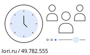 Clock indicating time next to icons of three people, signifying teamwork and efficient time utilization. Ideal for productivity, scheduling, meetings, deadlines, project management, workforce. Clock and Three People Icons Representing Time Management and Team Collaboration. Стоковая иллюстрация, агентство Ingram Publishing / Фотобанк Лори