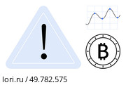 Exclamation sign triangle, Bitcoin symbol, and a line graph indicating fluctuations and volatility. Ideal for financial alerts, investment risk, market analysis, digital currency trends, educational. Cryptocurrency Volatility Warning Exclamation Sign, Bitcoin Symbol, and Graph Depicting Fluctuations. Стоковая иллюстрация, агентство Ingram Publishing / Фотобанк Лори