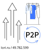 Four upward arrows beside wardrobe with clothes and P2P recycling symbol. Ideal for sustainable fashion, peer-to-peer exchange, recycling, community, growth, eco-friendly practices, and e-commerce. Peer-to-Peer Clothing Exchange with Arrows and Wardrobe Highlighting Sustainable Fashion Growth. Стоковая иллюстрация, агентство Ingram Publishing / Фотобанк Лори