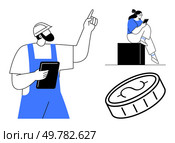 Construction worker in uniform holding tablet, pointing upwards while office professional sits on block with tablet, coin representing money. Ideal for teamwork, construction, finance, business. Construction Worker and Office Professional Collaborating on Tablet with Coin Symbolizing Financial Discussions. Стоковая иллюстрация, агентство Ingram Publishing / Фотобанк Лори